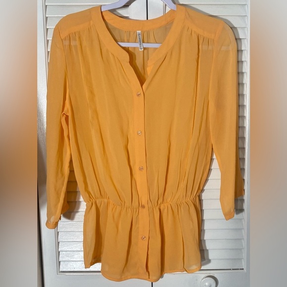 Passports New York & Company Orange Semi-sheer Button Up Top, Sz S, 3/4 Sleeves - Picture 1 of 6